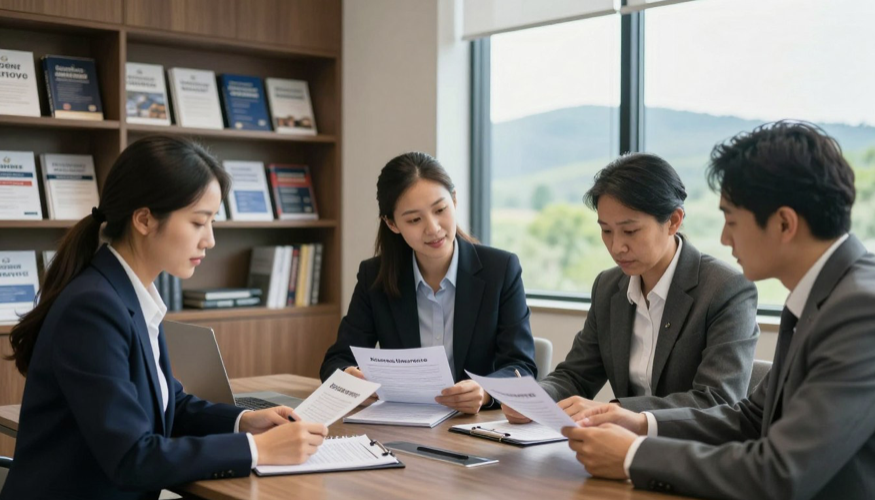 a group of people sitting at a desk looking at a book