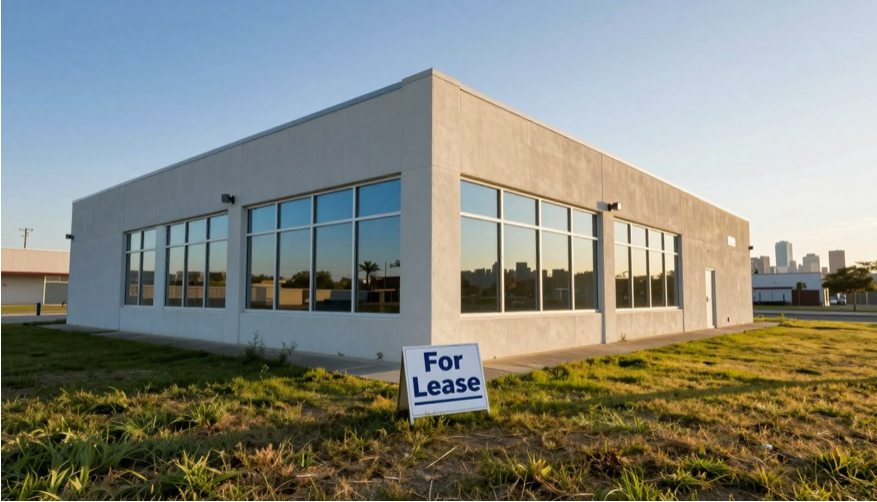 a building with a grassy field