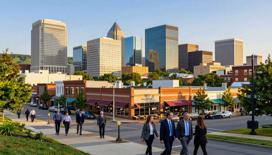 a group of people walking on a city street