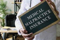 Medical doctor holding a sign reading Medical Malpractice Insurance